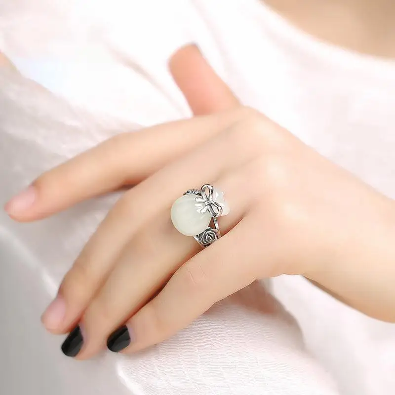 Prírodný Hetian Jade S925 Sterling Silver Ring Otvárací Lucky Bag Fing Ring Ortnament Retro otváranie, aby ste dali mamu