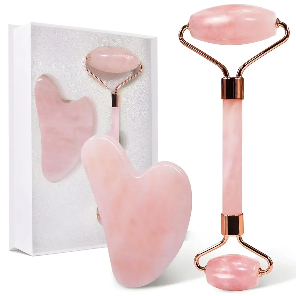 Prírodný jade roller gua set set tváre Massager valček na tvár zdvíhanie krásy masáž Nástroje ružového kremeňa jade kamenná masáž sada