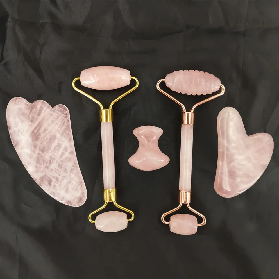 Prírodný ružový kremeň Jade Roller Set Real Jade Gouache Scraper Jade Masager Gua Sha Board Massager Massager Massage Masáž valček