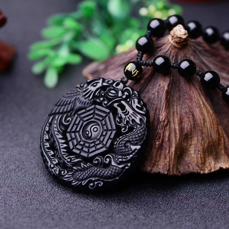Prírodný čierny Obsidian Dragon Phoenix Pendant Pendant Beads Náhrdelník módne kúzlo šperky ručne vyrezávané amuletové darčeky pre svoje ženy