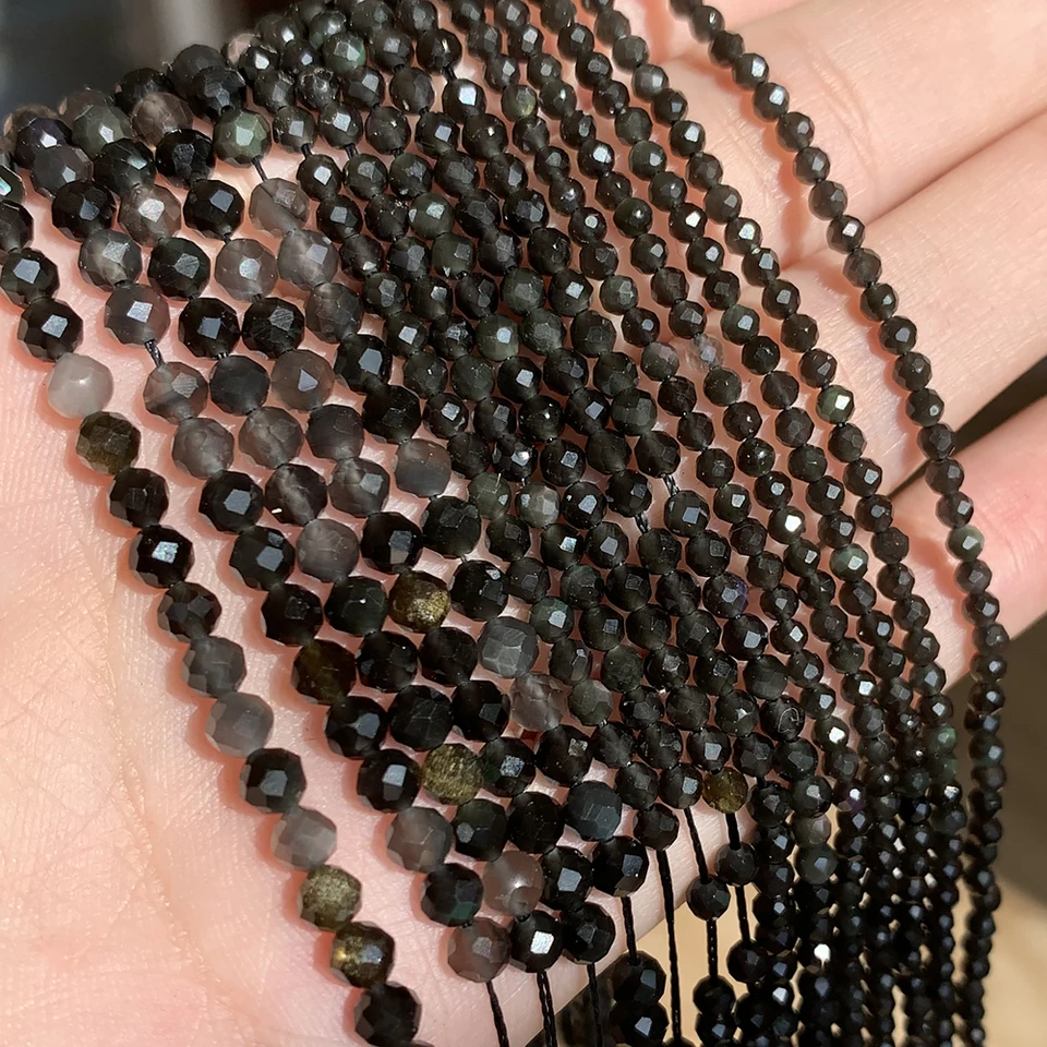 Prírodný čierny obsidiánsky kameň 2/3/4 mm facetované voľné okrúhle minerálne korálky pre šperky na výrobu DIY vianočný darček náramky 15 palcov