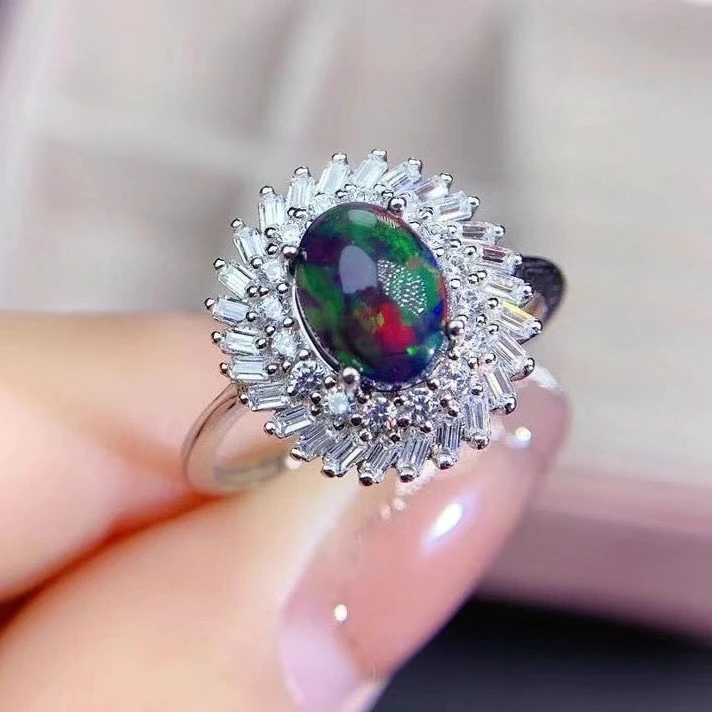 Prírodný čierny opálový klenot prsteň krásny gemstone prsteň ohňostroj Farba real 925 strieborná platina planovaná oválny klenot dievčenský darček