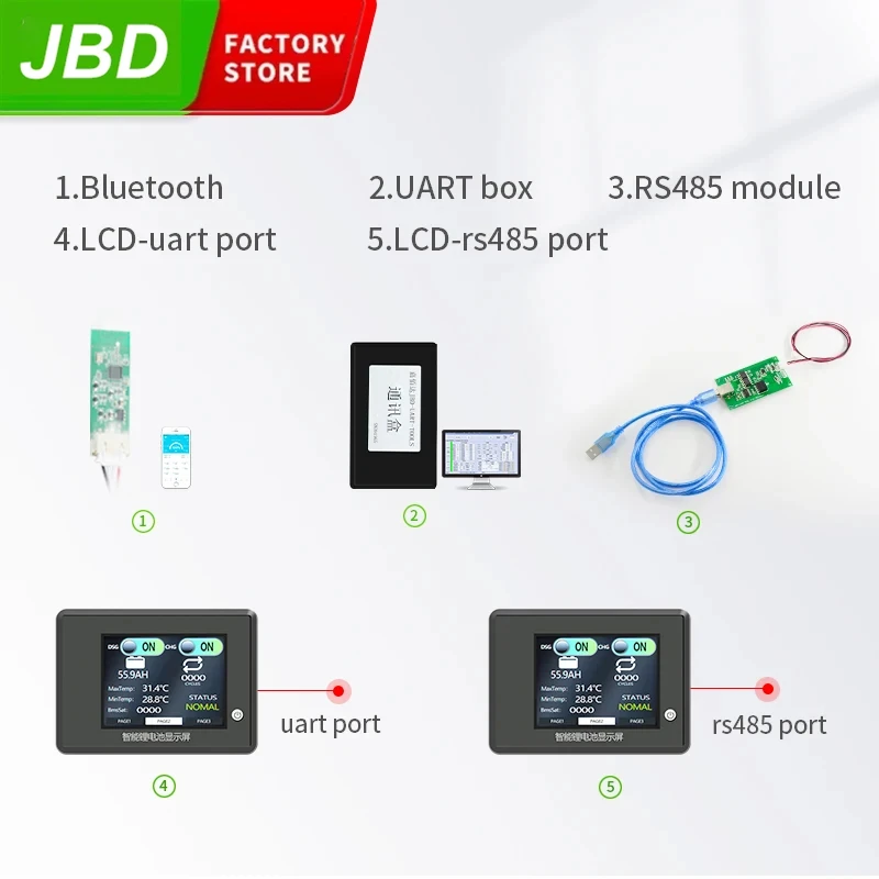 Príslušenstvo JBD Bluetooth modul UART RS485 LCD Displayter pre lítiovú batériu Smart BMS 3S-20S s komunikačnou funkciou