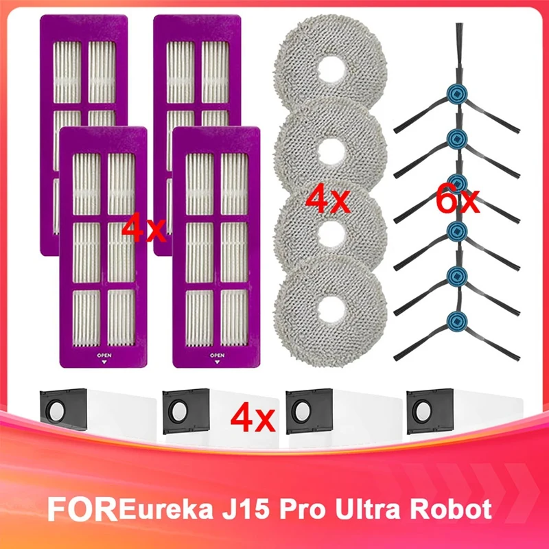 Príslušenstvo pre Eureka J15 Pro Ultra Robot vysávač, umývateľné a opakovane použiteľné, filtre, bočné kefy, mop, prachové vrecká