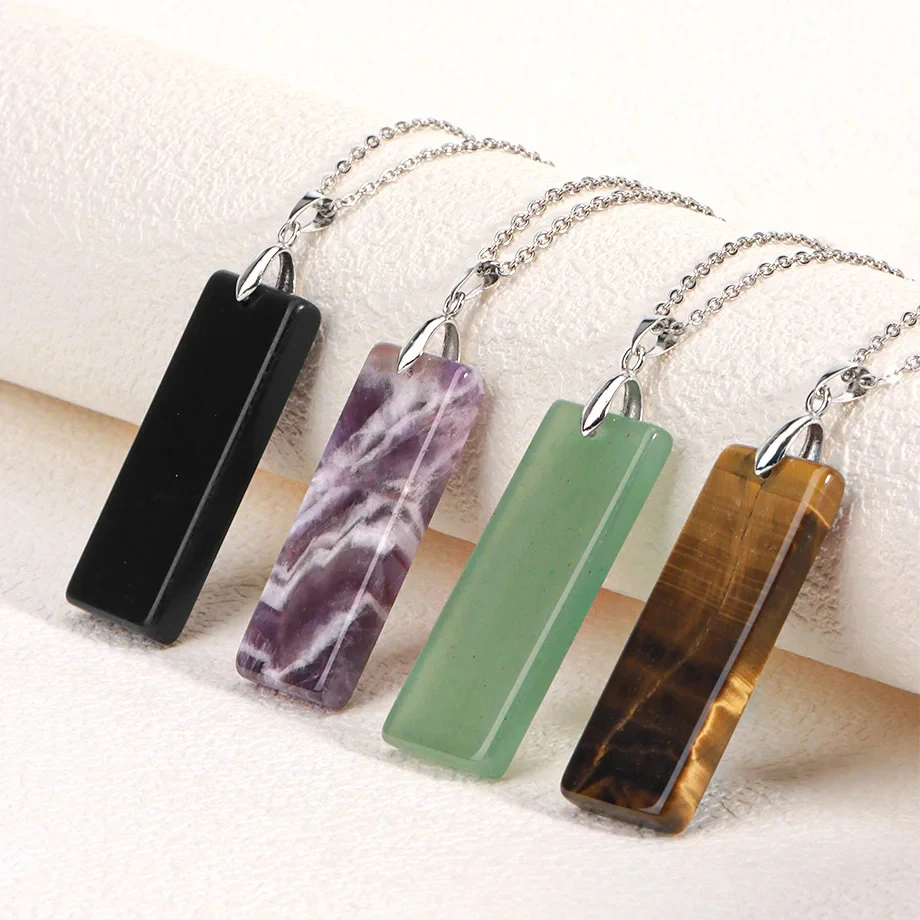 Prívesky na obdĺžnik z prírodného kameňa náhrdelník pre stĺpový stĺpový kryštál fluorit ametyst tiger eye z nehrdzavejúcej ocele náhrdelník H225