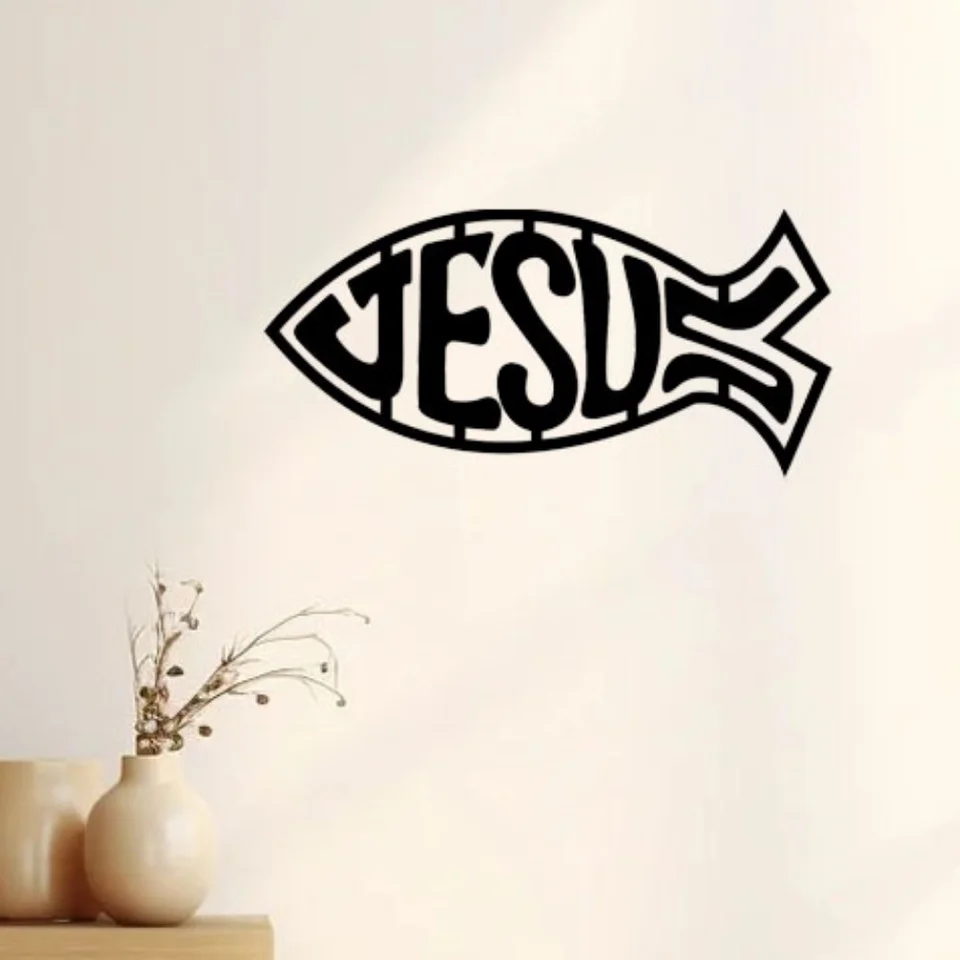Príťažlivý kov Ježiš rýb Wall Sign Decor - skvelá voľba pre kresťanskú domácu dekoráciu v obývacej izbe.