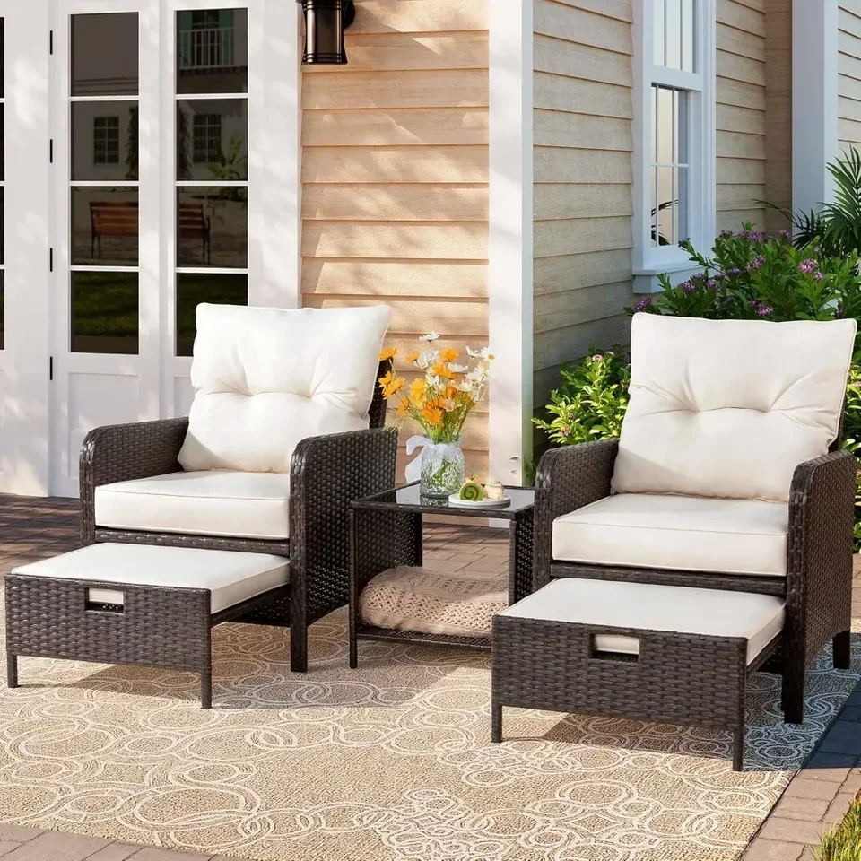 Prútená sada nábytku na terasu, VŠETKY WETER PE PART RATtan Outdoor Chair a Osmanská súprava, malé vankúšané terasy stoličky