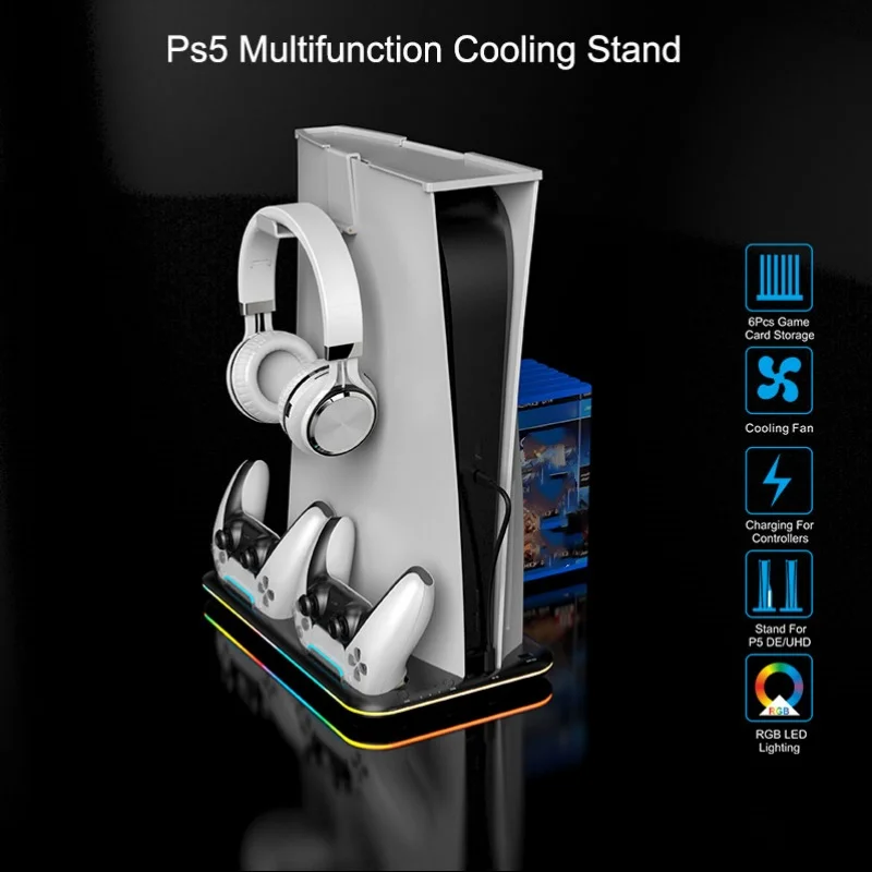 PS5 Game Console Multi-Function s RGB Color Light Cooling Fan Base Base PS5 Držiteľ herného držiteľa Dual nabíjačku