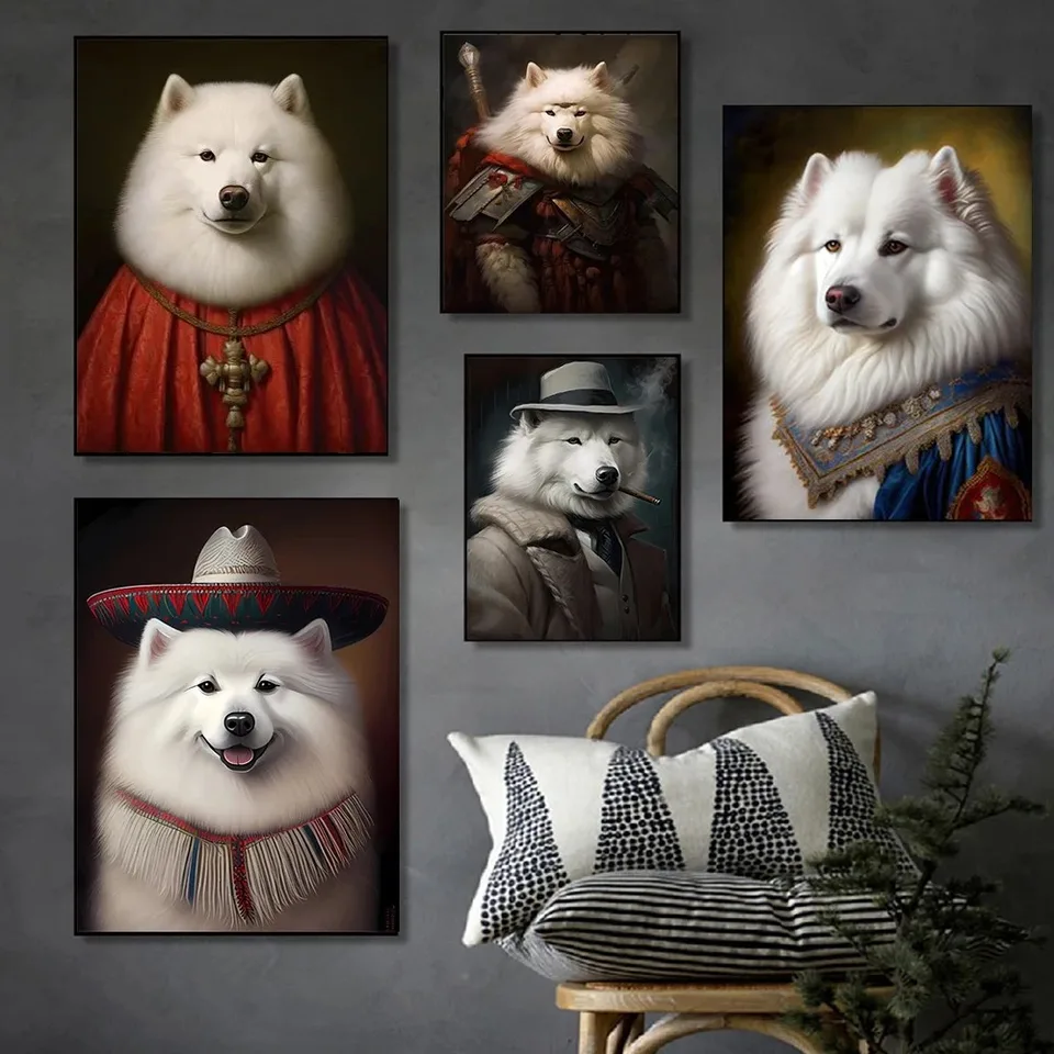 Psy Renaissance Portrét Canvas Painting Samoyed Dog Plagát a tlač pre tlač pre obývaciu izbu