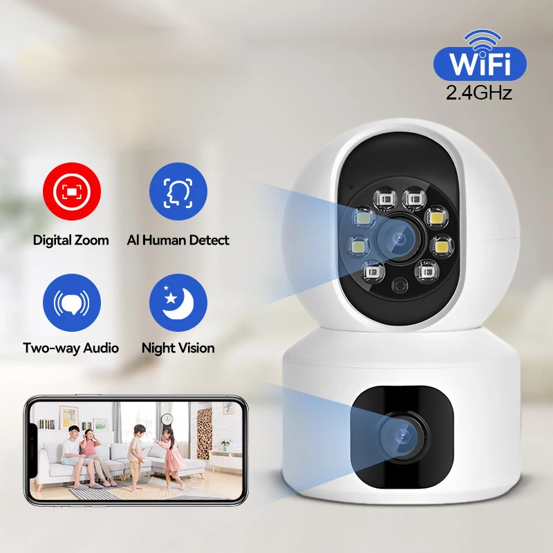PTZ Wireless Camera Dvojitá šošovka automatická dráha CCTV Security Dohľad v interiérová farebná nočná vízia Wi-Fi HD Domov IP Cam