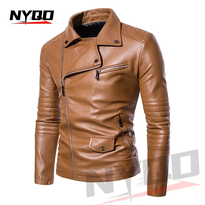 PU kožená bunda Men motocykle štíhle otáčanie obojku móda zips Pánske motocyklové koža koža vonku coats ležérne bundy