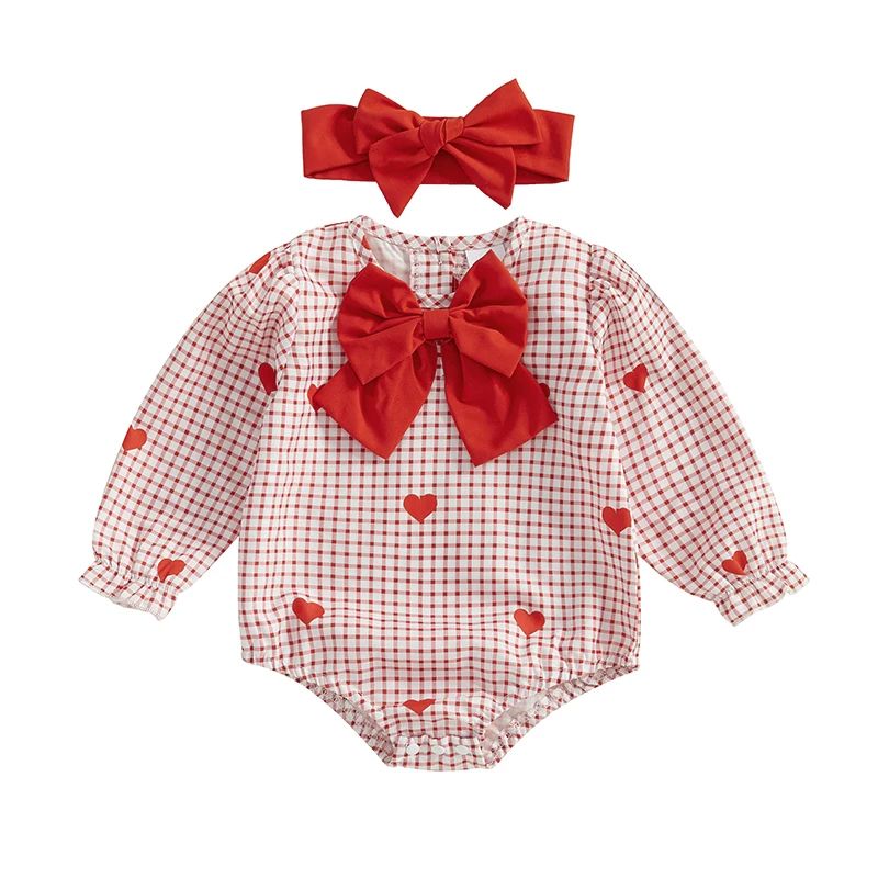 Pudcoco Dievčatko Valentín Deň Romper Heart Plaid Print Dlhý rukáv posádka Bublina kombinéza s veľkým lukom + čelenka 0-18M