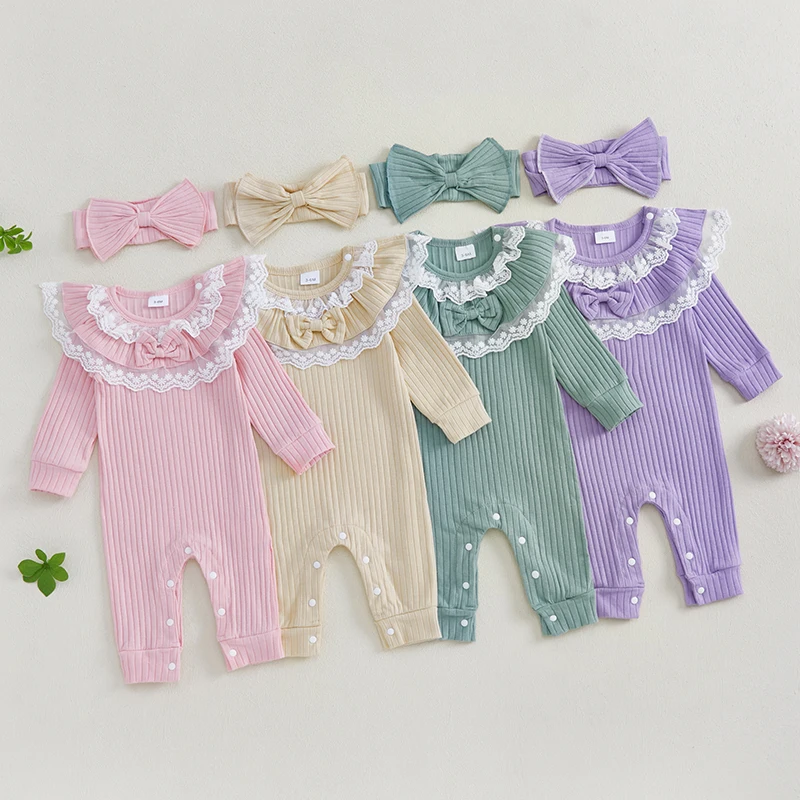 Pudcoco Dojčenské novorodenecké dievčatko Fall Outfit Lace Lace Lace Lace Long Ruckve Celá dĺžka rebrovaný Romper Bow čelenka 2pcs set 0-12M