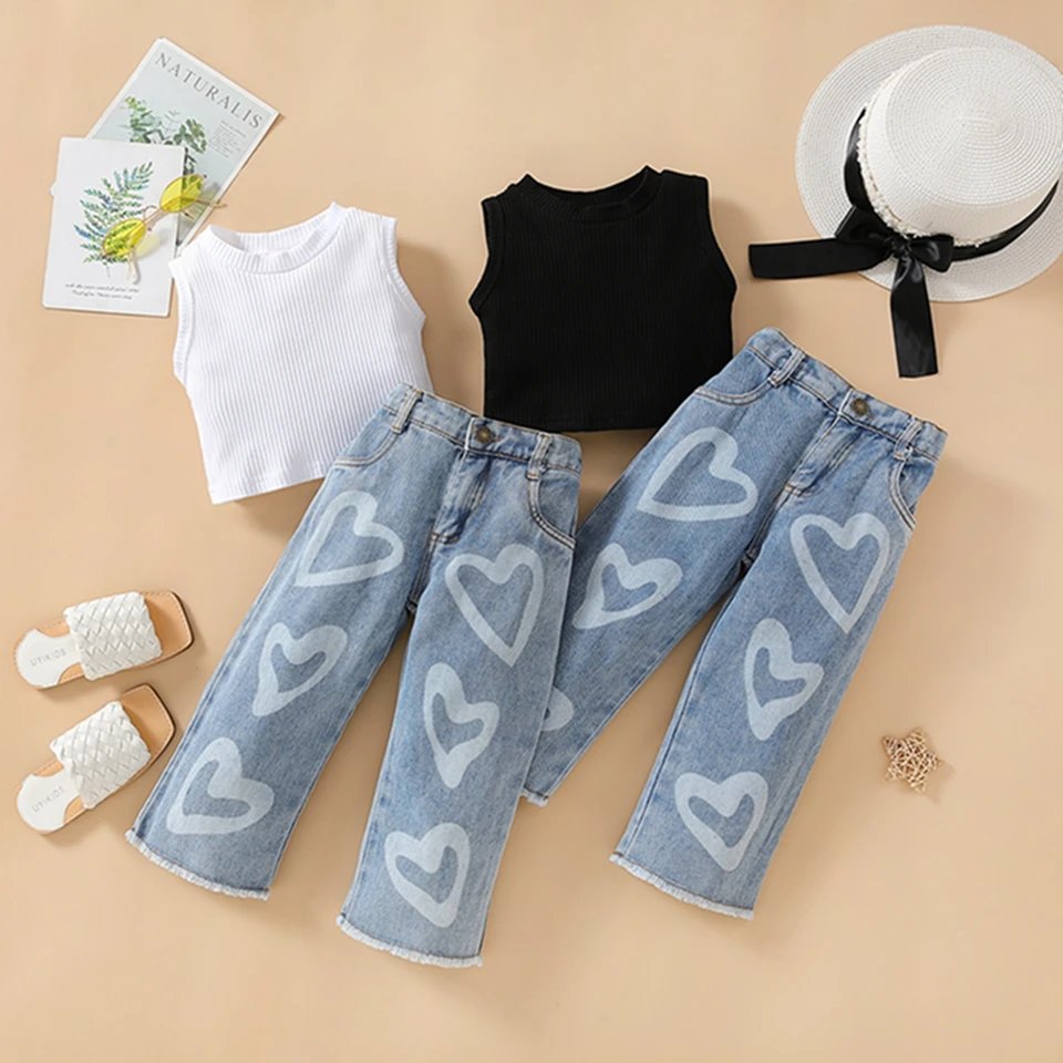 Pudcoco Kid Dojčenské detské dievčatá oblečenie oblečenia z masívnej farby Ribbed Ruckselless Tank Tops Srdce Print Džínsy Denim Pants 2ks oblek 1-6T