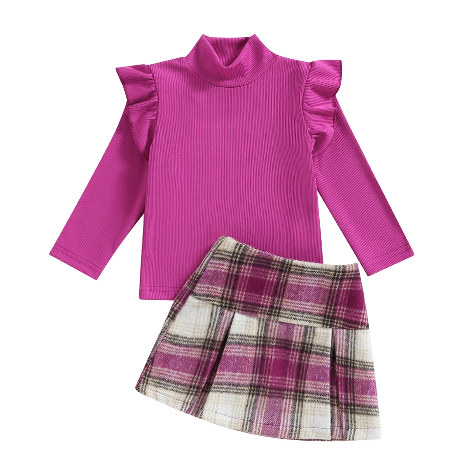Pudcoco Toddler Kids Dievčatá Dievčatá 2pcs Fall Outfits Ruffle Long Ruckve Mock Brck Tops + Plaid sukňa + čelenka sada detské oblečenie