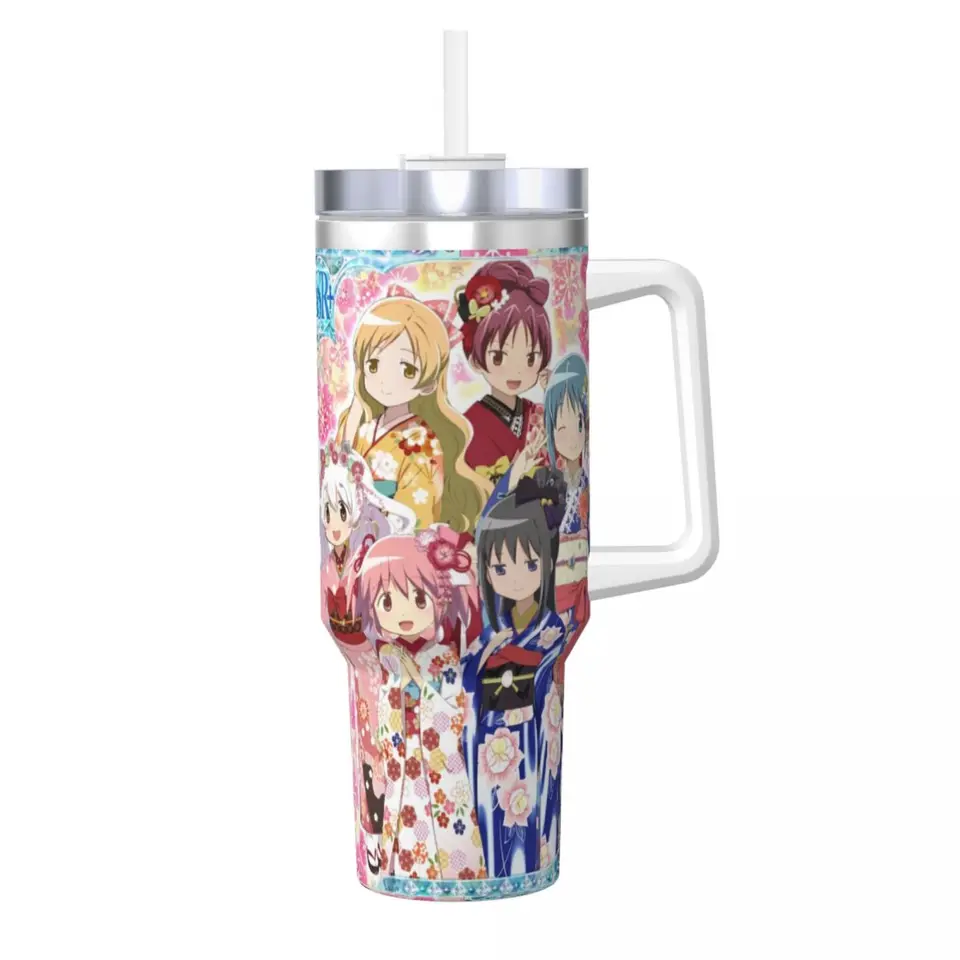Puella Magi Madoka Magica 40 oz Tunbler s rukoväťou a slamené veko z nehrdzavejúcej ocele