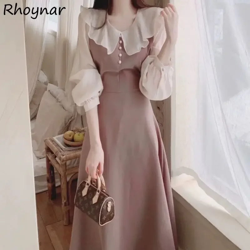 Puff Ruckve Dámske šaty vyhodené hrana Peter Pan Collar Kórejský štýl Fashion Elegant Vintage Chic Loose All-Match Midi