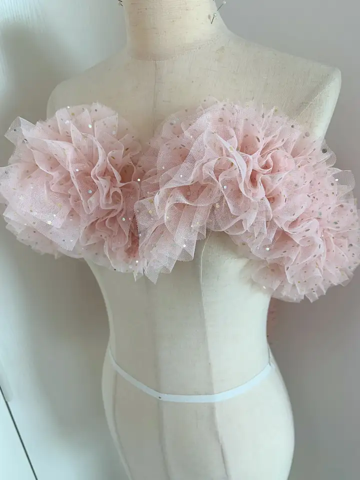 Puffy Rufle Tress s trblietkami pre tutu šaty Soft Frill Lace For Cake Dress, skladané tylové lem