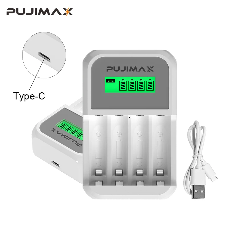 Pujiamx 4-slot LCD AA/AAA Nabíjateľné nabíjačky batérií Prenosný univerzálny adaptér USB káblové rozhranie TYP-C Rýchle nabíjanie