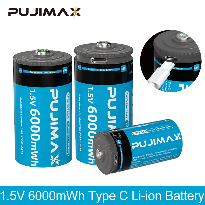 PUJIMAX 1-10PCS 1,5VC LI-ION batérie 6000MWH TYP C Nabíjateľné lítiové batérie pre baterky plyn s káblom s káblom