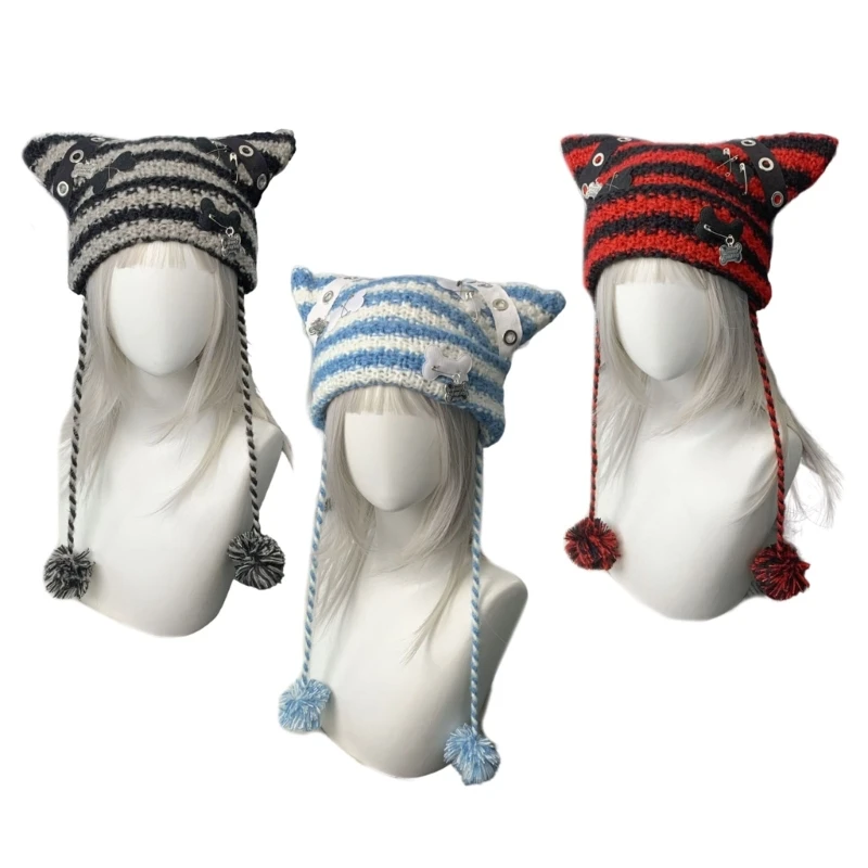 Punk beanie pletené klobúky ucho pre y2k dievčenské klobúky s háčkovanou čiapkou na 2000 rokov T8NB