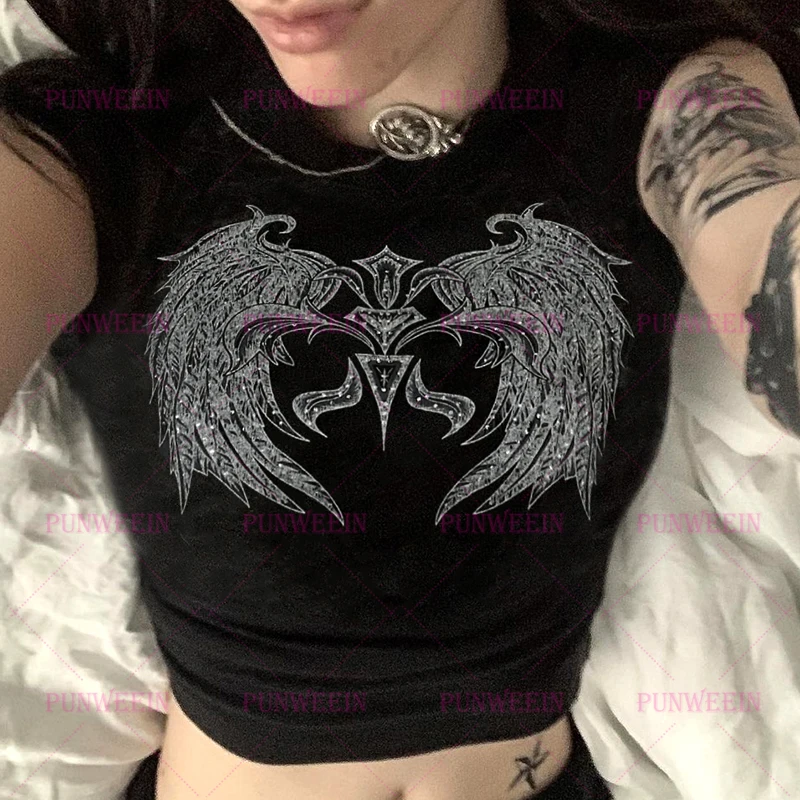 Punk Dark Daemon Y2K Harajuku Crop Top Treetwear 90. rokov Angel Wing Gothic Casy Women Sexy móda krátke rukávy Vintage y2k vrcholy y2k