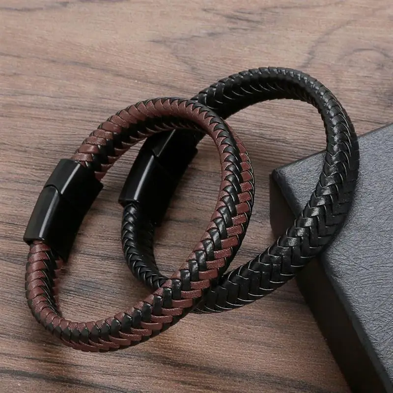Punk muži Čierne hnedé pletené kožené náramok z nehrdzavejúcej ocele Magnetické spona Bangles zábalové náramky módne šperky