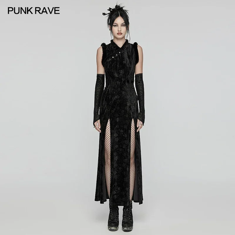 Punk Rave Dámsky nový čínsky štýl Goth šaty náhodne zvrásnené vyrazené zamatové retro retro štrbiny lem dlhé šaty Dve farby