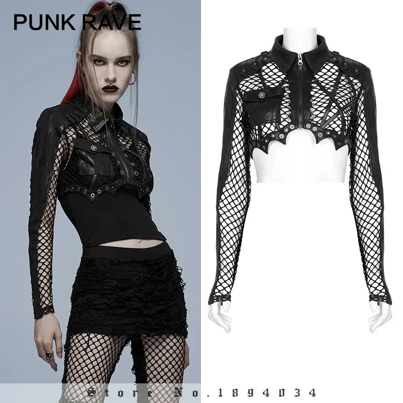 Punk Rave Dámsky punk nepravidelný sieť tlačený vojenský krátka bunda Bat a kukurice dekorácia pekný chladný lesk Čierny malý kabát