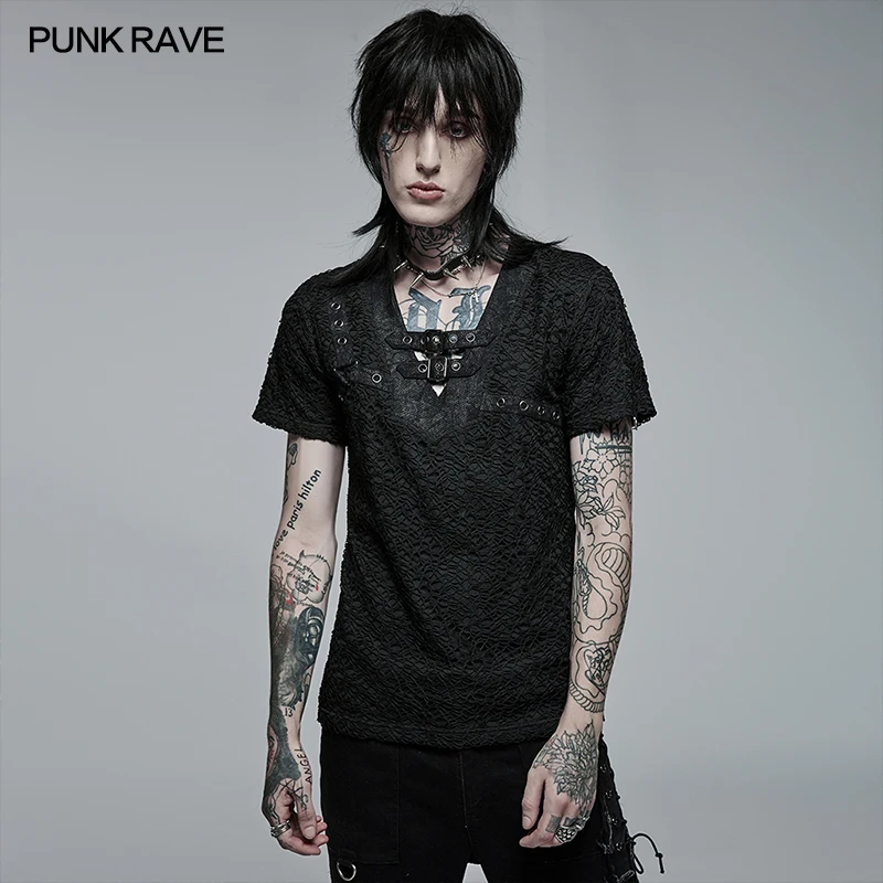 Punk Rave Pánska gotická denná osobnosť štýlová sieť V V krku krátke rukávy Tričko Slim Fit Black Tops Jarné leto