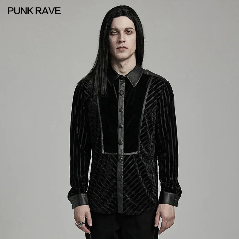 Punk Rave Pánske chladné pekné pevné farby zamatové zostrihané vojenské košeľa Punk namontované vrcholy mužov oblečenie