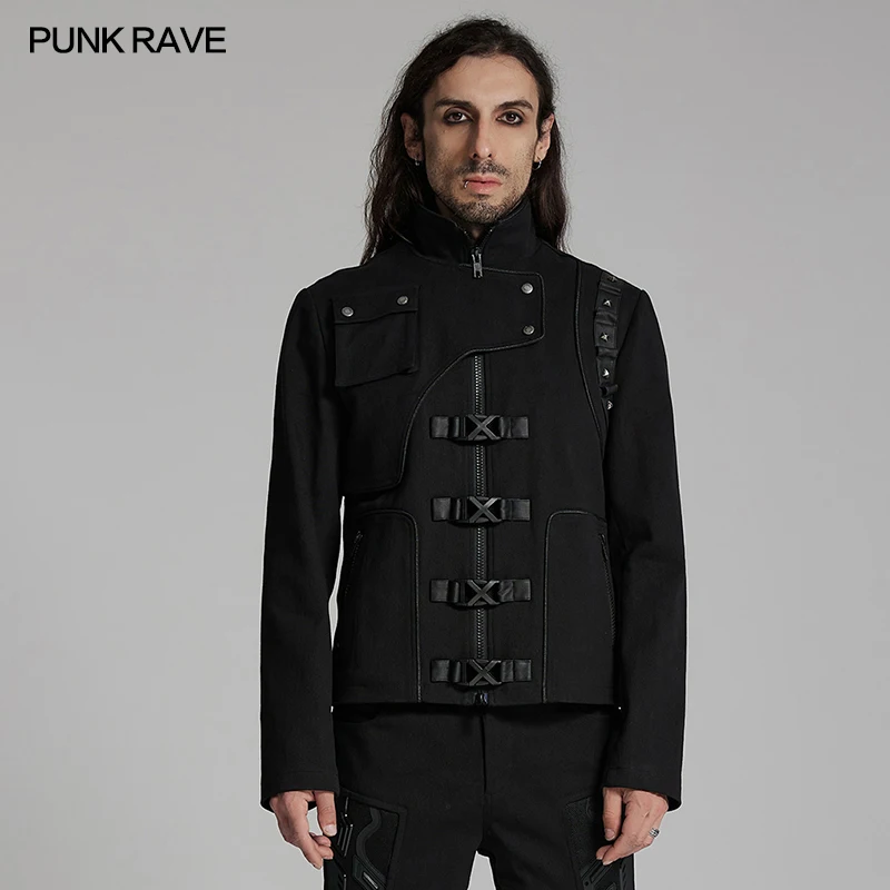 Punk Rave Pánske kyberpunk dekonštrukčné stojany Štýlové nity na bočnom ramene interpretujú príležitostné pánske krátky kabát