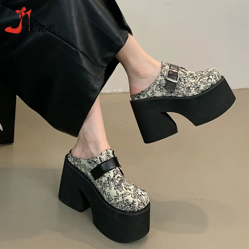 Punk Style Platform Plippers Women Chunky Heeled sandále letný dizajn hrubý dno Uzavreté topánky špičky Mule veľkú veľkosť 41 42