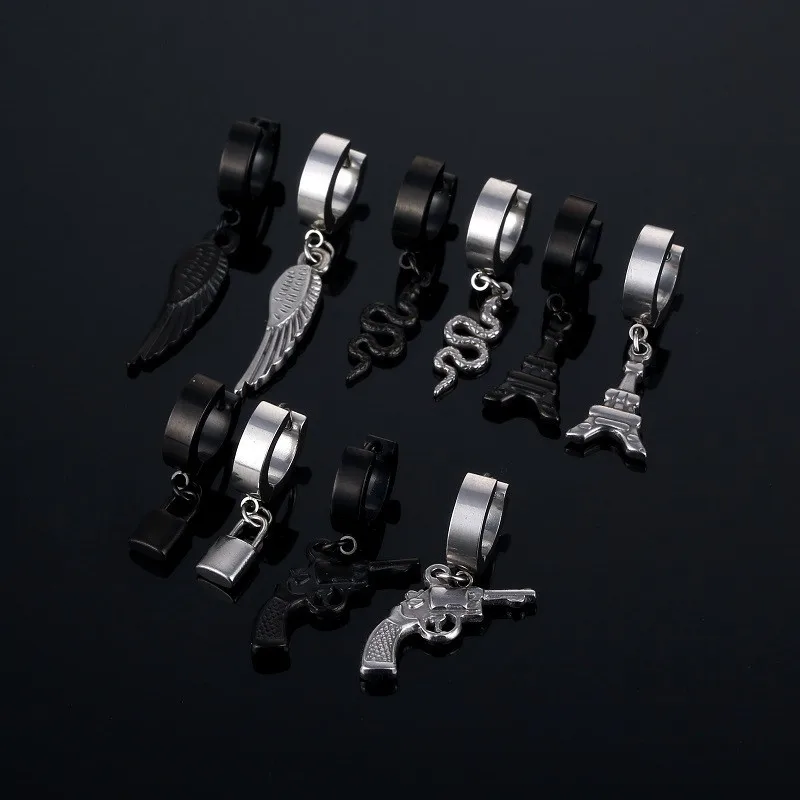 Punk štýl krídla Gun Gun Snake Pendant náušnice z nehrdzavejúcej ocele hiphop geometrický cvok uší šperky darčeky pre ženy dievčatá