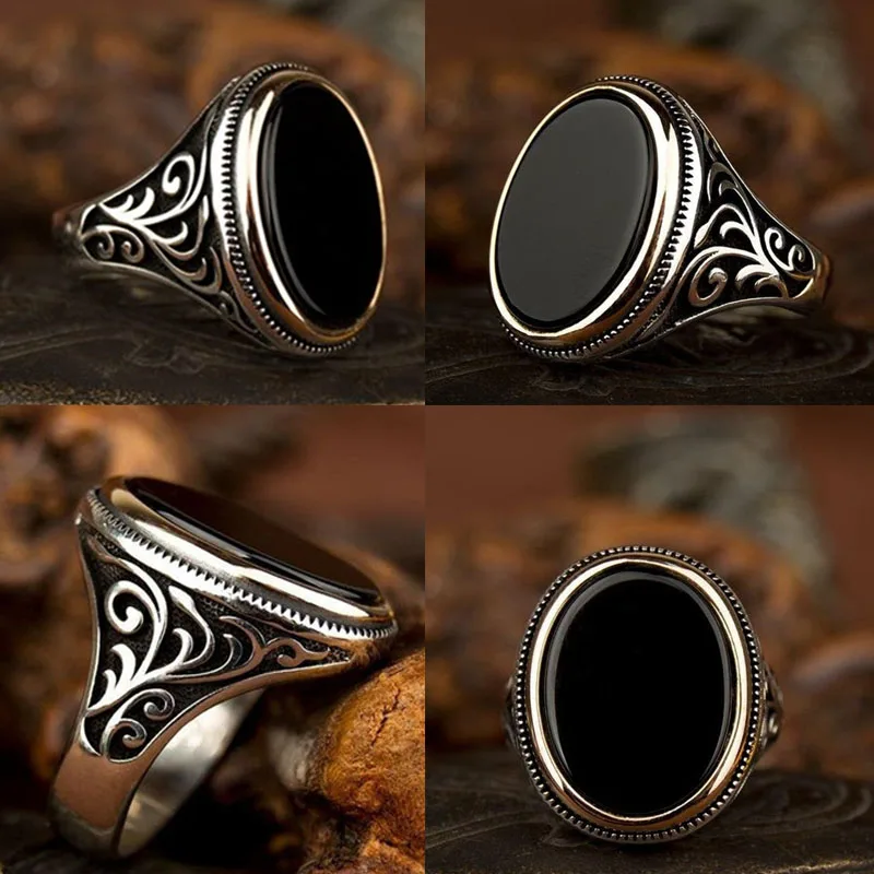 Punkboy Vintage Style Pánsky prsteň Klzný vzor Čierny vajcia krištáľový strieborný prsteň pre mužskú párty šperky Veľkosť 6-13