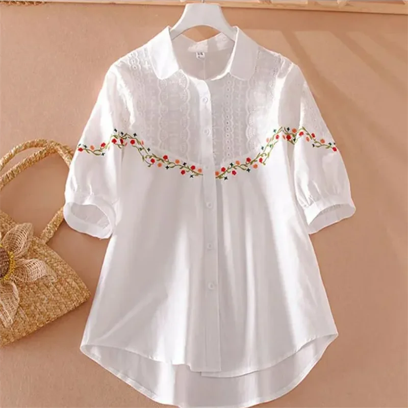 Pure Cotton Ladies košeľa Vintage vyšívané blúzky pre ženy biele top Top National Summer Clothes Laple Mardi ženská košeľa