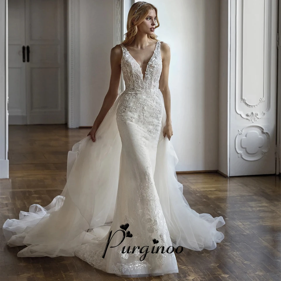 Purginoo očarujúce svadobné šaty morské šaty Ženy bez rukávov Aplikácie Ruffles Odnímateľný vlak Vestidos de Novia prispôsobené