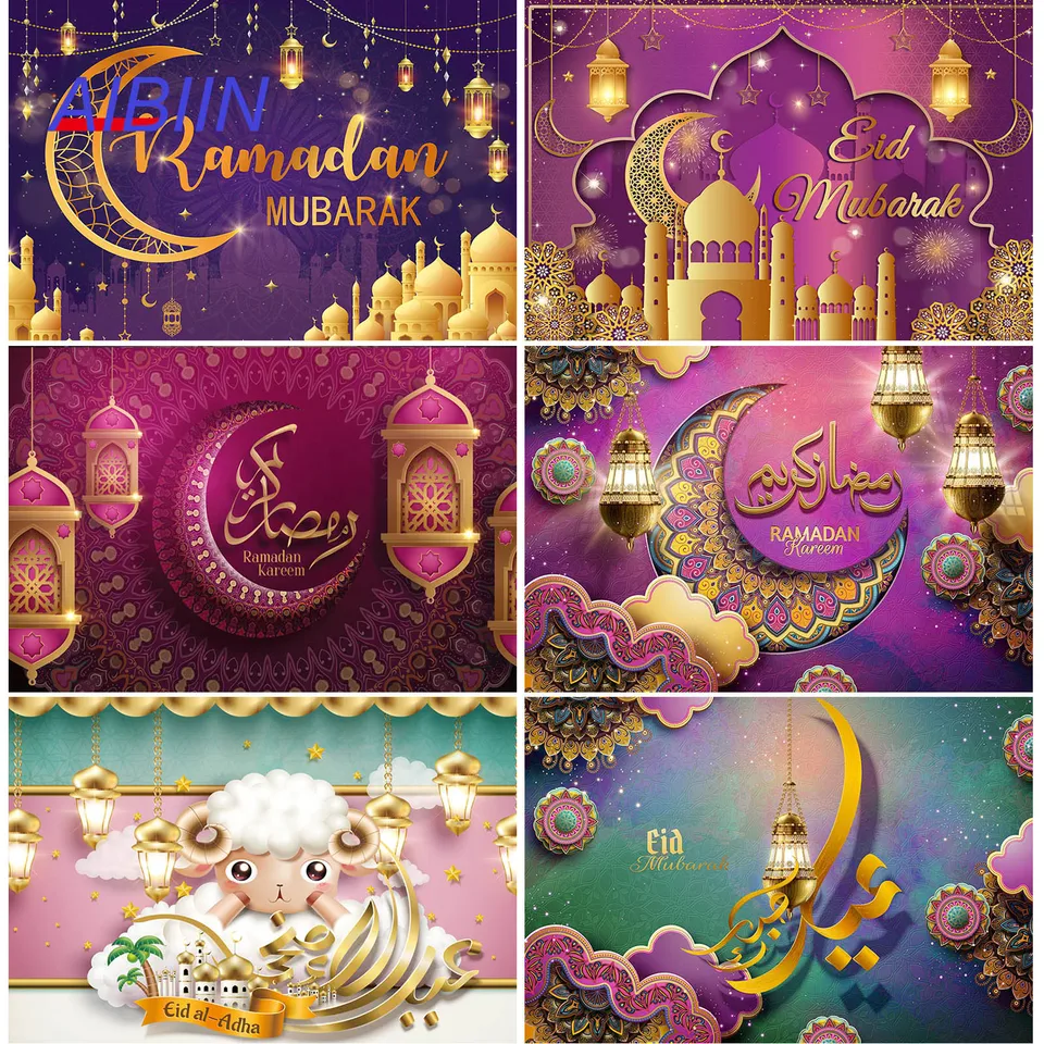 Purple Eid Mubarak Photography Pozadie Mesiac Mesiac Ramadán Arabské noci Eid al-Fitr pozadie Party Decor Photo Studio