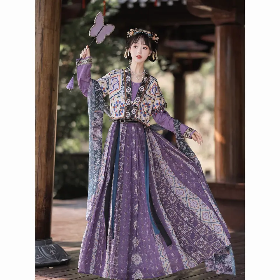 Purple Hanfu Čínsky tradičný štýl Dámske šaty Vysoko kvalitné denné aktivity Tang Tlač šifónovú polyesterovú sukňu