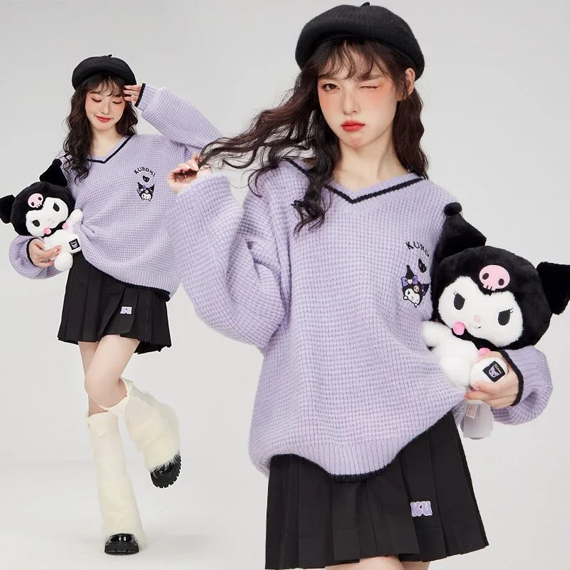 Purple Kuromi Vyšívané sveter Ženy Navy Collar voľný vysoká škola College College College Coold Sweet Pullover Y2K oblečenie ružové melódiu Goth Tops