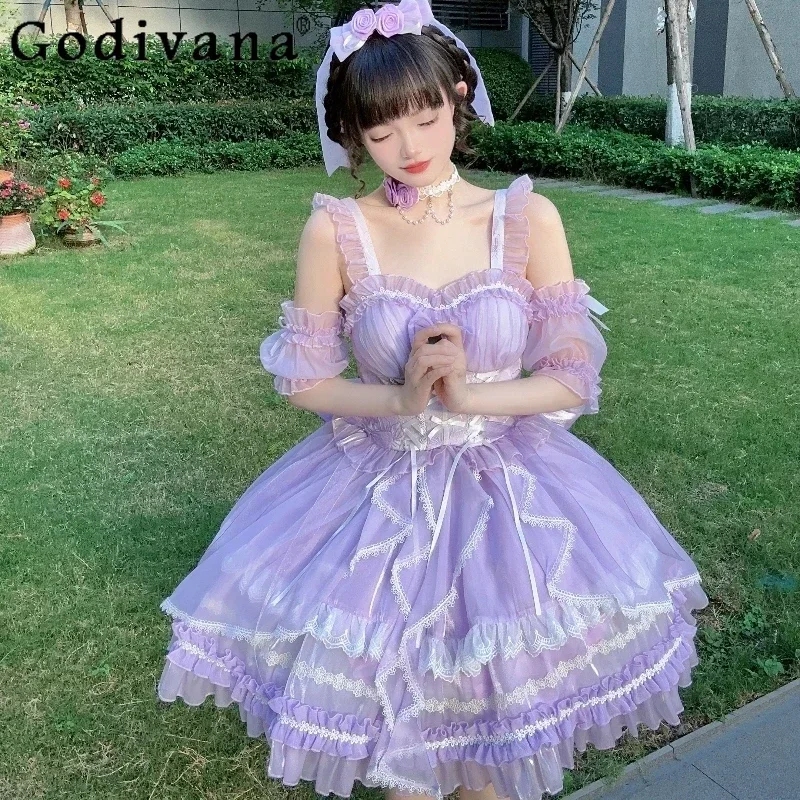 Purple lolita šaty OP dievčatá sladké princezné šaty dámsky vysoký pás štíhle elegantné luk, čipky s krátkym párty šaty Vestidos leto