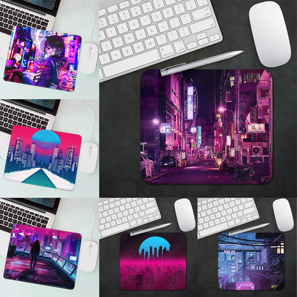 Purple Neon City Gaming Mouse Pad XS Malé myš na počítač PC Gamer Desktop Office Office Mouse Rat Deskmat Koberček