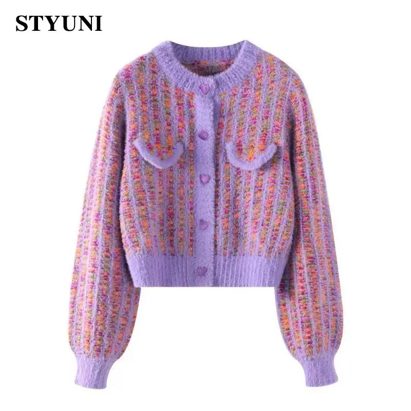 Purple Plaid Itation Mink Round Crck pletené dámske sveter Kórejské móda s dlhým rukávom s jednovrstvou zimné ženské skoky
