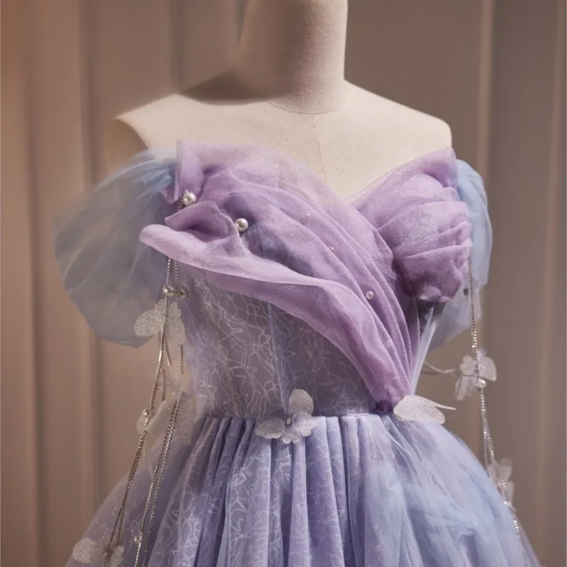 Purple rozprávková gáza narodeniny sen retro krátke svetlo luxusné temperamentné večierky Ženy šaty