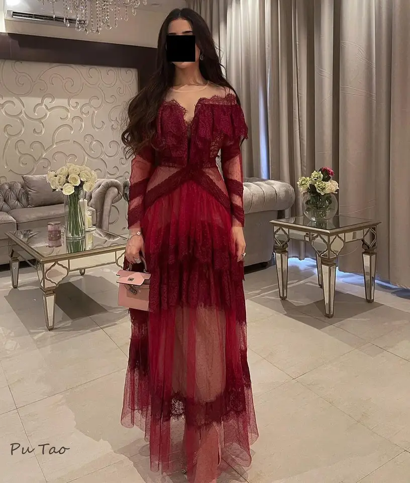 Putao Daudi Prom šaty s dlhými rukávmi čipka Tielovú burgundskú párty Saudská Arábia Ženy Nosia špeciálne banketové večerné šaty