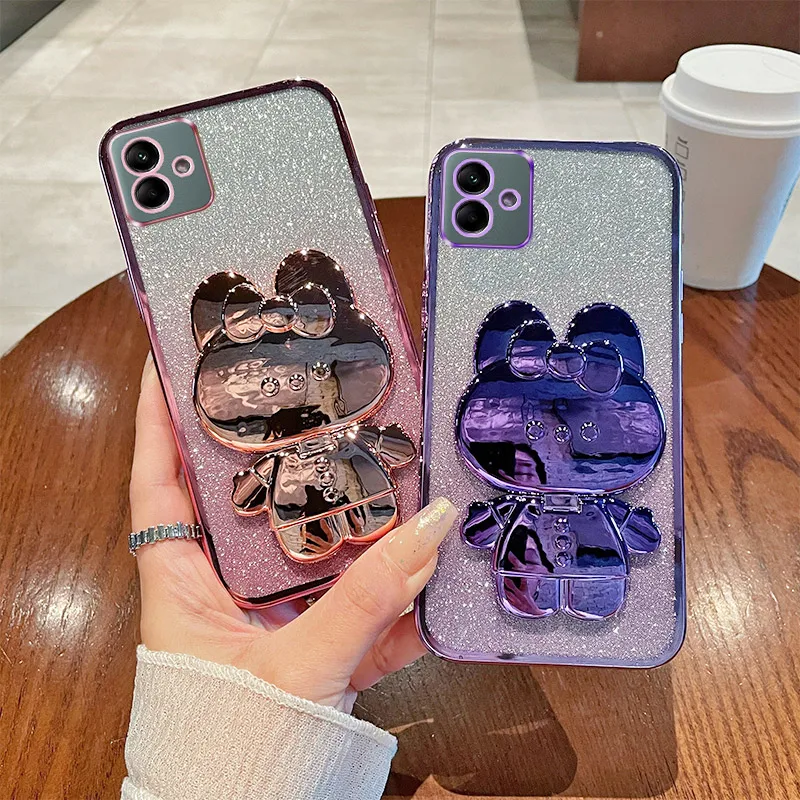 Puzdro A04 pre Samsung Galaxy A04 Luxusný gradient trblietavý make -up zrkadlo králičie skladací stojan mäkký silikónový zadný kryt Samsung A04