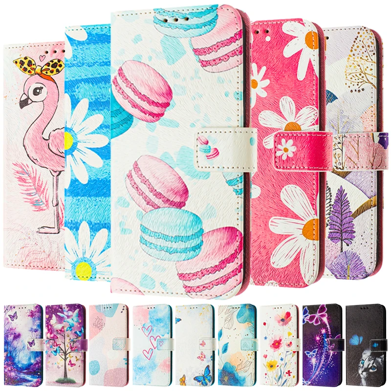 Puzdro A75 Kožený telefón pre Zte Blade A75 A35 Core A55 Lite A73 4G A53+ A52 Flip Cover Cover peňaženka Magnetické maľované puzdrá kvetinové medveď