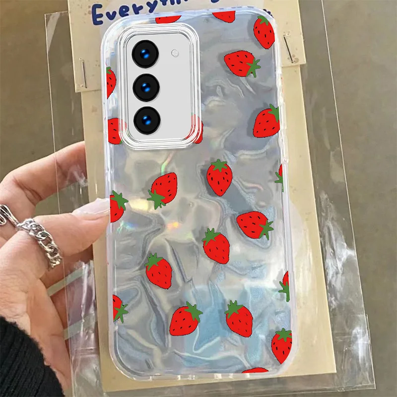 Puzdro laserového ovocia pre Samsung Galaxy A25 A35 A55 A15 5G 4G Strawberry Cherry Cartoon Water Zvlnené lesklé lesklé puzdro
