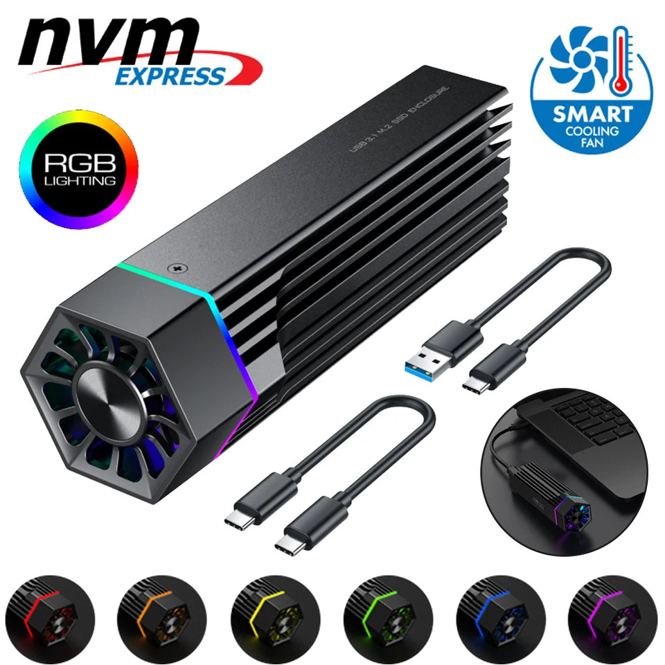 Puzdro M2 s chladiacim ventilátorom RGB SSD PASE LOX M.2 NVME CONSTROSURE PCI-E na USB3.1 GEN2 TYP-C 10 GBPS pre M Key/B 2280/2260/2242/2230