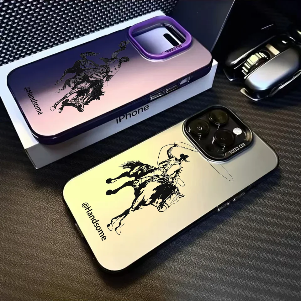 Puzdro na grafický telefón Western Cowboy pre iPhone 16 15 14 13 12 11 Pro Max Black Purple Matte Laser Metallic Aurora Funda